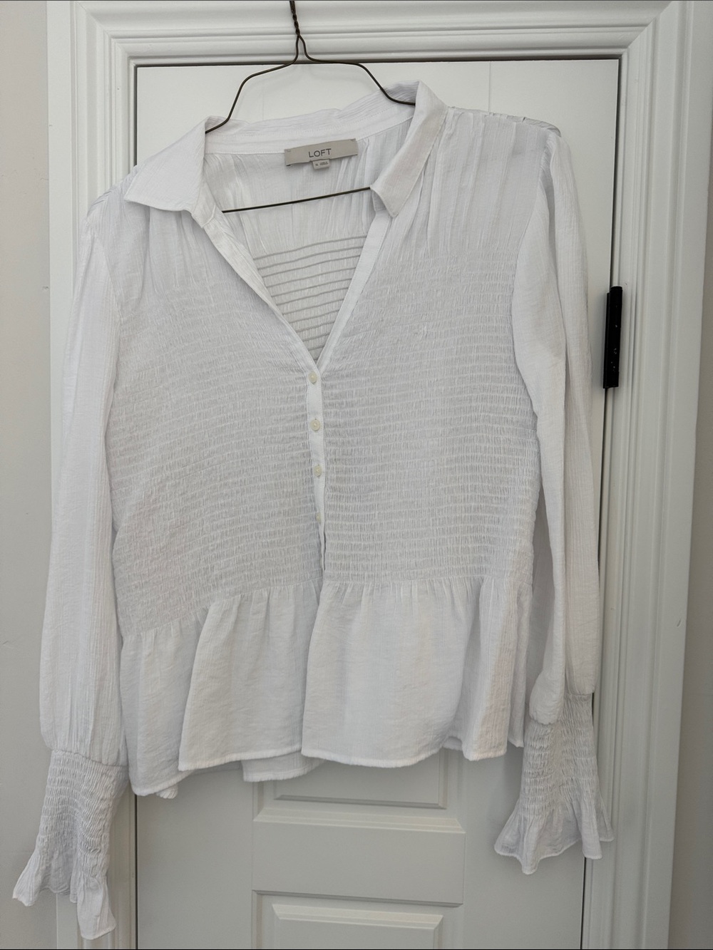 LOFT White Smocked Peplum Button-Up Blouse